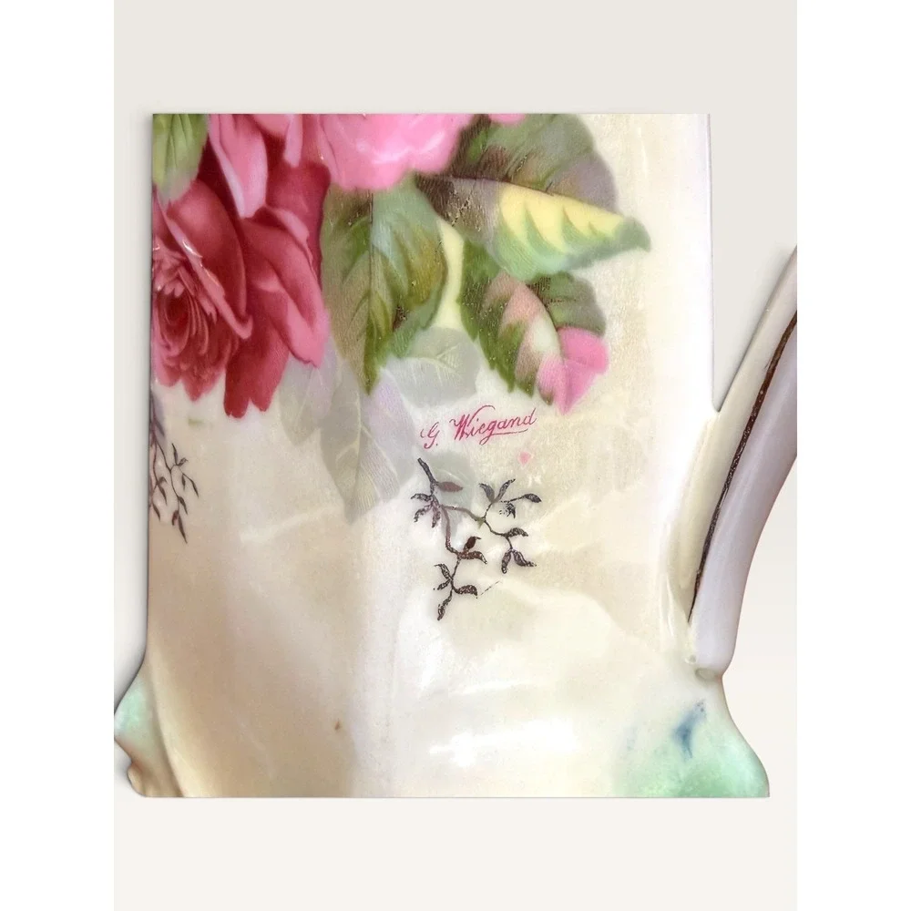 Antique Germany G Wiegand Pink Rose Luster Glaze Porcelain Chocolate Pot Teapot